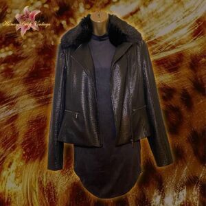 Cache Black Faux Croc Moto Leather Jacket with Removable Fur Collar